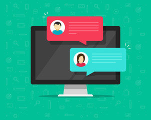 computer online chat vector illustration, flat cartoon design of desktop pc with chatting bubble not