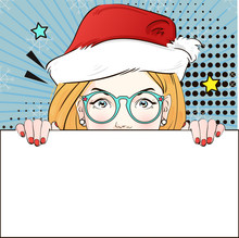 Pop Art Vintage Advertising Xmas Poster Comic Girl In Round Glasses And Red Santa Hat Holds A White Banner. Vector Illustration