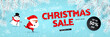 Christmas sale, discounts. A festive banner with a running Santa Claus, Snowman, snow, and the branches of the Christmas tree. Vector