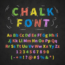 Colorful Retro Hand Drawn Alphabet Letters Drawing With Chalk On Black Chalkboard