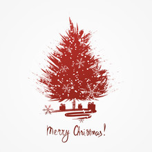 Christmas Greeting Card With Red Xmas Tree Sketch. Grunge Fir With Snowflakes And Gift Boxes