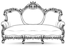 Baroque Sofa With Luxurious Ornaments. Vector French Luxury Rich Intricate Structure. Victorian Royal Style Decors