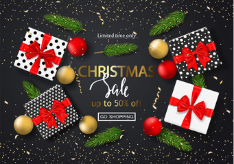 Christmas sale poster with gift boxes, serpentine, balls and tree branches. Vector illustration for website and banners, posters, ads, coupons, promotional material.