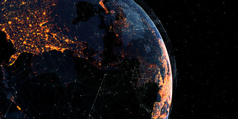Fototapete - Global International Connectivity Background/Connection lines Around Earth Globe, Futuristic Technology Theme Background with Light Effect