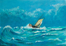 Original Oil Painting Of Lonely Little Sailing Ship Battling In A Storm On The Ocean