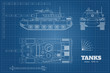 Blueprint of realistic tank. Top, front and side view. Detailed armored car. Industrial drawing. War vehicle in outline style