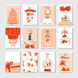 Hand drawn vector abstract big Merry Christmas time and New Year cartoon cards collection set with cute illustrations,surprise gift boxes,Xmas tree and modern calligraphy isolated on white background
