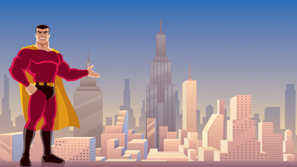 Wall Mural - Superhero Presenting in City / Illustration of smiling superhero presenting your text or product with cityscape as background. 