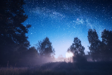 Amazing rising of the full moon in a misty forest