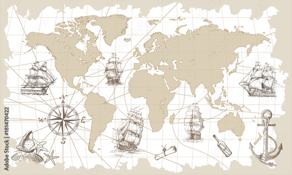 Hand drawn vector world map with compass, anchor and sailing ships in ...