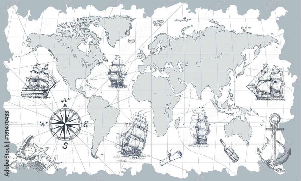 Hand drawn vector world map with compass, anchor and sailing ships in ...