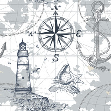 Hand Drawn Vector Seamless Sea Map With Compass, Lighthouse, Anchor And Seashells. Perfect For Textiles, Wallpaper And Prints.