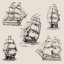 Hand Drawn Vector Set Of Vintage Sailing Ships In The Sea.