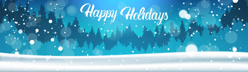 Happy Holidays Banner Background Winter Forest Landscape Night Falling Snow Pine Trees Woods Flat Vector Illustration