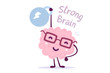 Very strong cartoon brain concept. Doodle style. Vector illustration of pink color smile brain with glasses easy lifts weight on white background.