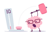 Vector Illustration Of Pink Color Human Brain With Glasses Hits With A Hammer To Measure Level Iq On White Background.