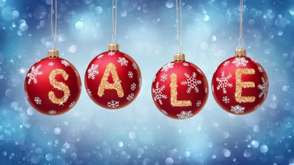 Wall Mural - Sale banner on red Christmas balls with round snow flake on bokeh background. 4K