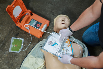 Wall Mural - The use of an automatic external defibrillator in conducting a basic cardiopulmonary resuscitation to the victim on the street