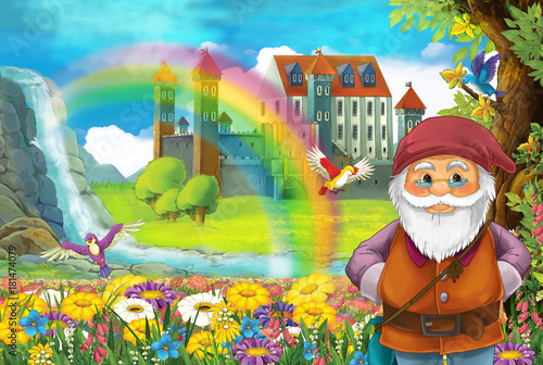 Cartoon Fairy Tale Scene With Smiling Dwarf In The Field Full Of Flowers Near Small Waterfall Colorful Rainbow And Big Castle Illustration For Children Buy This Stock Illustration And Explore Similar