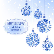 Blue Flowers Gzhel Baubles Background. Decorative Christmas Tree Balls.