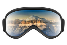Ski Goggles With Reflection Of Mountains