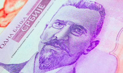 Sticker - Serbian 50 dinar currency banknote, close up. Serbia money RSD cash, macro view, portrait of Stevan Mokranjac.