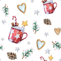 Watercolor Christmas seamless pattern with traditional decor and elements. Branches with berries, gingerbread hearts, stars, cones and red mugs with hot cocoa or chocolate, cinnamon and marshmallow.