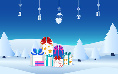 Wall Mural - Winter holiday christmas presents with ribbon bow on snow scene. Christmas gift boxes and hanging elements. Merry christmas and happy new year.