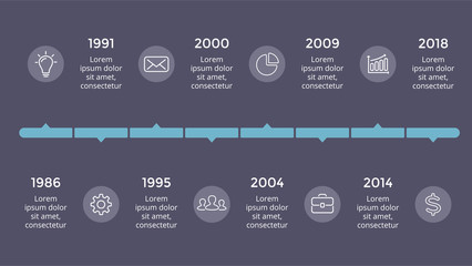 Wall Mural - Vector metaball triangles timeline infographic, diagram chart, graph presentation. Business progress concept with 8 options, parts, steps, processes. Dark slide 16x9.