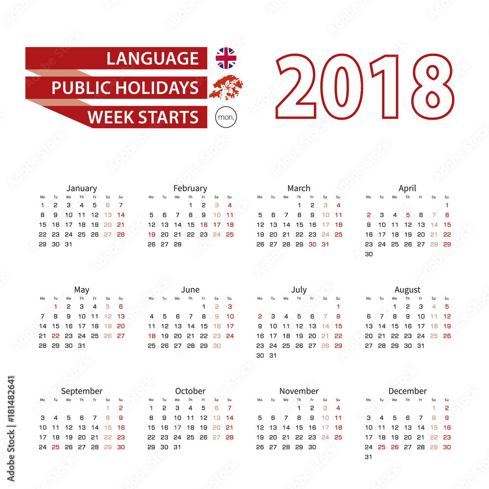 Calendar 2018 in English language with public holidays the country of Hong  Kong in year 2018. Stock Vector | Adobe Stock