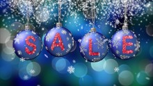 Sale Banner On Blue Christmas Balls With Round Snow Flake On Bokeh Background. 4K