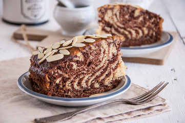 Chocolate cake zebra on a plate