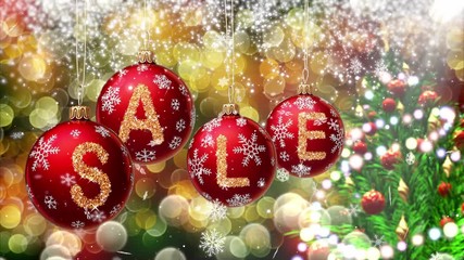 Wall Mural - Sale banner on red Christmas balls with round snow flake on bokeh background. 4K