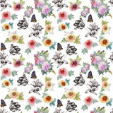 Fototapeta Koty - Watercolor seamless pattern with colorful flowers and leaves on white background, watercolor floral pattern, flowers in pastel color, tile for wallpaper, card or fabric.