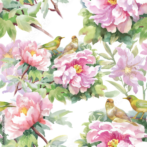Watercolor Seamless Pattern With Colorful Flowers And Leaves On
