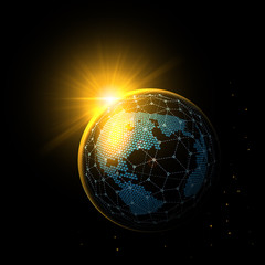 Global meshwork connections earth with sunrise. Global network. Vector illustration