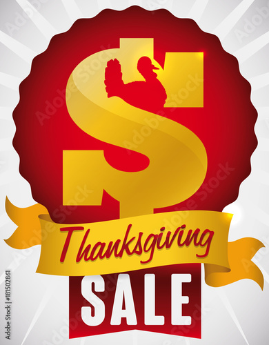 Fényképezés Money Symbol with Turkey Silhouette and Ribbon for Thanksgiving Sales, Vector Il