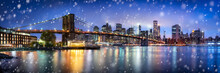 Brooklyn Bridge Panorama Im Winter In New York City, USA