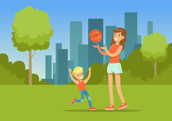 Poster - Mother and her son playing together with a ball in city park outside, family leisure vector illustration