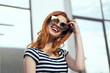 © SHOTPRIME STUDIO - Laughing, smile, red lips, street, girl smiling outdoors, fashion, beauty, girl in sunglasses
