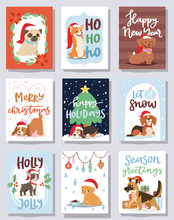 Christmas 2018 Dog Card Vector Cute Cartoon Puppy Characters Illustration Home Pets Doggy Xmas Print Design Web Banner Celebrate In Santa Red Hat