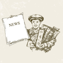 Newsboy holds up a newspaper with the news. Engraving style. Vintage. Vector illustration.