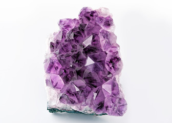 Wall Mural - Crystal Stone macro mineral, purple rough amethyst quartz crystals on white background