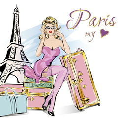 Wall Mural - Pin up style sexy woman sitting on suitcases near Eiffel Tower in Paris, beauty girl wearing pink travel to Paris, hand drawn vector illustration