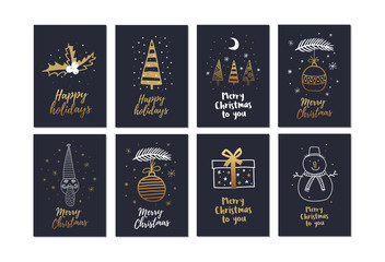 Wall Mural - merry christmas greeting card set with cute xmas tree and snow-flakes. decorative vector illustratio