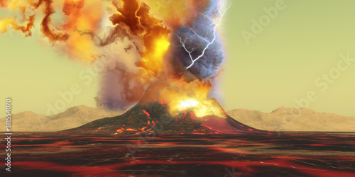 Cuadros en Lienzo Volcano Eruption - A volcano erupts with a burst of smoke, fire and ash as the landscape becomes rivers of molten lava