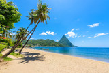 Paradise beach at Soufriere Bay with view to Piton at small town Soufriere in Saint Lucia, Tropical Caribbean Island.
