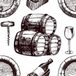 Wine pattern sketch background vector seamless winemaking barrel, grape vine glass and corkscrew