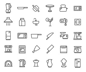 Poster - Set of kitchen thin line icons.