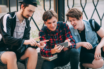 creative mobile photo. modern technology. students hang out after classes. youth hipster lifestyle. bff friendship communication concept